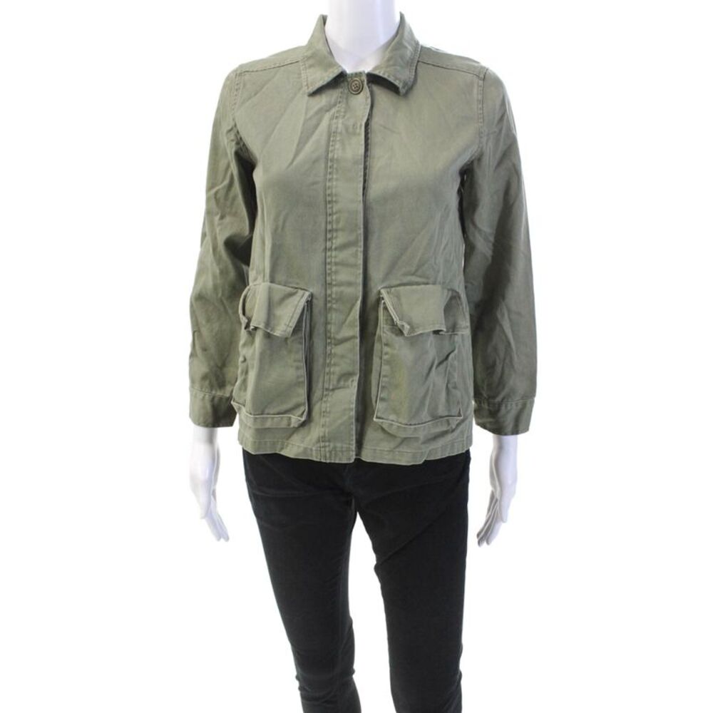 me.n.u. Womens Cotton Graphic Back Collared Button Down Jacket Green Size M
